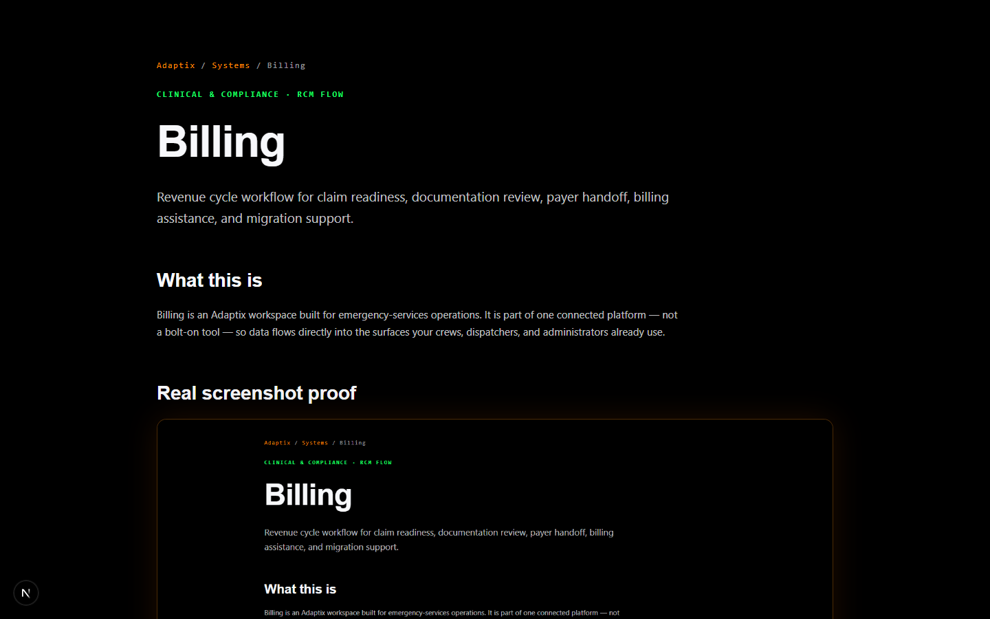 Current Adaptix Billing screen