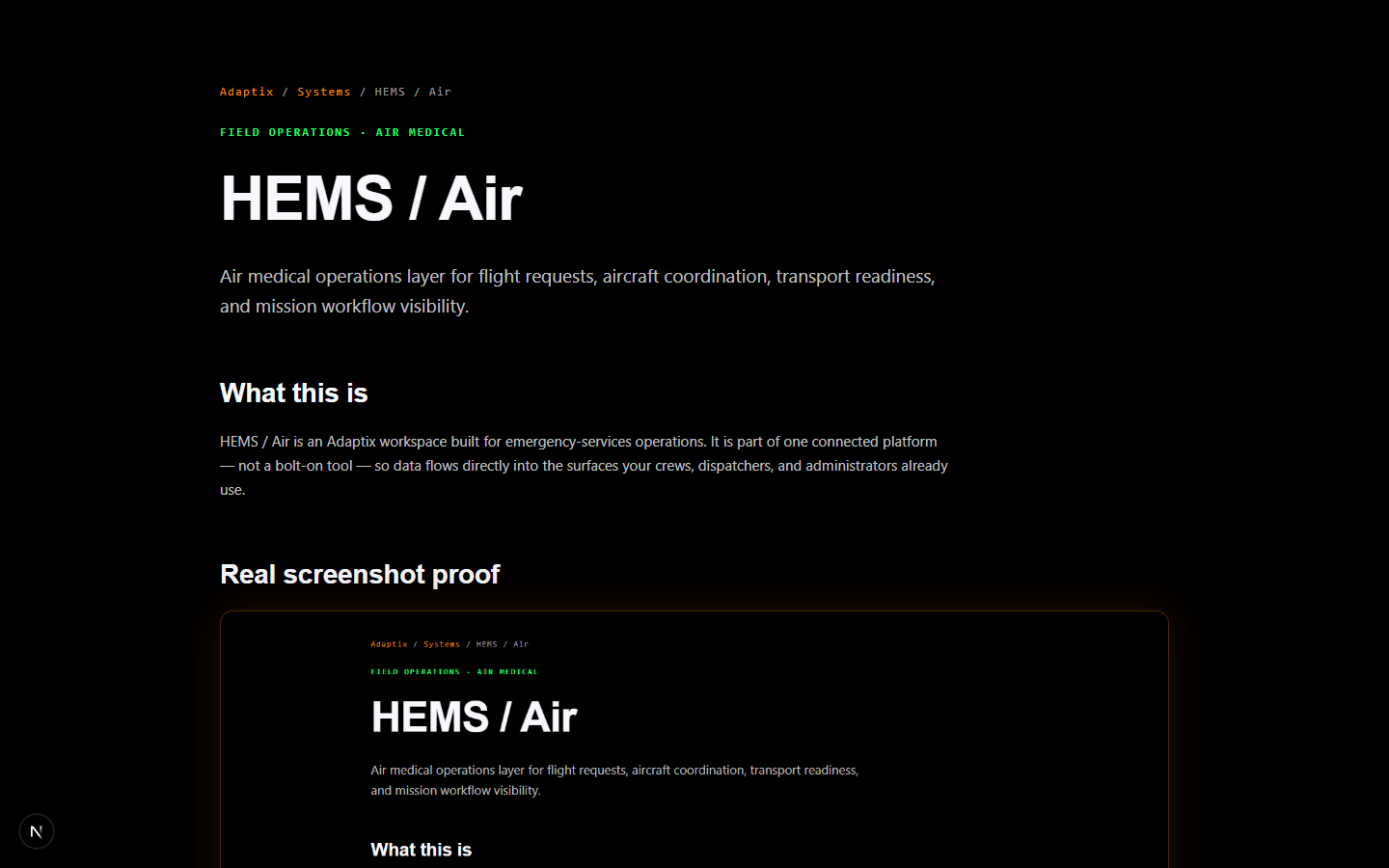 Current Adaptix HEMS / Air screen