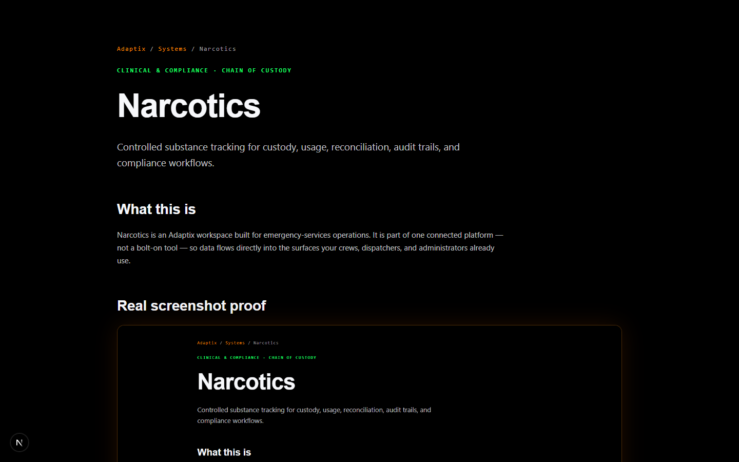 Current Adaptix Narcotics screen